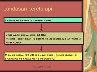Landasan kereta api

Land as an p e rtam a~ tah u n 1 896



Land as an s e p anj
                   ang 32 KM
~m e ngh u b u ngkan Be u fort ke Je s e lton & d ari Te nom
ke M alalap


M e m u d ah kan S BU B m e ngangku t h as il ke lu aran d i
b ah agian p e d alam an ke p e lab u h an

                       Hak cipta SBPZon Timur 2007
 