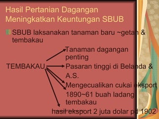 Hasil Pertanian Dagangan
Meningkatkan Keuntungan SBUB
 SBUB laksanakan tanaman baru ~getah &
 tembakau
               Tanaman dagangan
               penting
TEMBAKAU        Pasaran tinggi di Belanda &
                A.S.
                Mengecualikan cukai eksport
                1890~61 buah ladang
                tembakau
           hasil eksport 2 juta dolar pd 1902
              Hak cipta SBPZon Timur 2007
 