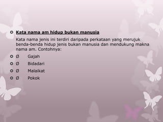  Kata nama am hidup bukan manusia
  Kata nama jenis ini terdiri daripada perkataan yang merujuk
  benda-benda hidup jenis bukan manusia dan mendukung makna
  nama am. Contohnya:
 Ø    Gajah
 Ø    Bidadari
 Ø    Malaikat
 Ø    Pokok
 