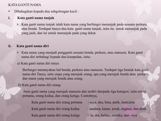 KATA GANTI NAMA
     Dibahagikan kepada dua subgolongan kecil :
i.     Kata ganti nama tunjuk
        Kata ganti nama tunjuk ialah kata nama yang berfungsi menunjuk pada sesuatu perkara
         atau benda. Terdapat hanya dua kata ganti nama tunjuk, iaitu itu untuk menunjuk pada
         yang jauh, dan ini untuk menunjuk pada yang dekat.


ii.    Kata ganti nama diri
        Kata nama yang menjadi pengganti sesuatu benda, perkara, atau manusia. Kata ganti
         nama diri terbahagi kepada dua kumpulan, iaitu:
       a) Kata ganti nama diri tanya
           Berfungsi menanyakan hal benda, perkara atau manusia. Terdapat tiga bentuk kata ganti
           nama diri Tanya, iaitu siapa yang merujuk orang, apa yang merujuk benda atau perkara,
           dan mana yang merujuk benda atau orang.
        b) Kata ganti nama diri orang
           Jenis ganti nama yang merujuk manusia dan terdiri daripada tiga kategori, iaitu orang
           pertama, orang kedua, dan orang ketiga. Contohnya,
                 Kata ganti nama diri orang pertama    : saya, aku, beta, patik, kami,kita
                 Kata ganti nama diri orang kedua      : saudara, kamu, awak, engkau, dan anda
                 Kata ganti nama diri orang ketiga     : ia, dia, beliau, mereka, dan –nya
 