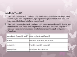 Kata Kerja Transitif
 Kata kerja transitif ialah kata kerja yang menerima penyambut sesudahnya, yang
  disebut objek. Kata kerja transitif juga dapat dibahagikan kepada dua, iaitu kata
  kerja transitif aktif dan kata kerja transitif pasif.
 Kata kerja transitif aktif ialah kata kerja yang menerima awalan meN- dengan atau
  tanpa akhiran –kan atau i. Kata kerja transitif pasif pula ialah kata kerja hasil
  daripada proses transformasi atau perubahan ayat aktif menjadi ayat pasif.
  Contohnya:
         Ø Ali membeli buku. (aktif)
         Ø Buku dibeli oleh Ali. (pasif)
 
