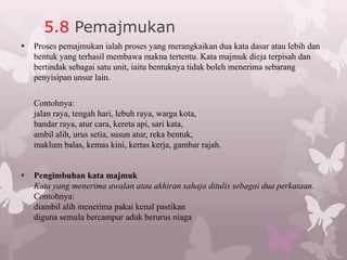5.8 Pemajmukan
   Proses pemajmukan ialah proses yang merangkaikan dua kata dasar atau lebih dan
    bentuk yang terhasil membawa makna tertentu. Kata majmuk dieja terpisah dan
    bertindak sebagai satu unit, iaitu bentuknya tidak boleh menerima sebarang
    penyisipan unsur lain.

    Contohnya:
    jalan raya, tengah hari, lebuh raya, warga kota,
    bandar raya, atur cara, kereta api, sari kata,
    ambil alih, urus setia, susun atur, reka bentuk,
    maklum balas, kemas kini, kertas kerja, gambar rajah.


   Pengimbuhan kata majmuk
    Kata yang menerima awalan atau akhiran sahaja ditulis sebagai dua perkataan.
    Contohnya:
    diambil alih menerima pakai kenal pastikan
    diguna semula bercampur aduk berurus niaga
 
