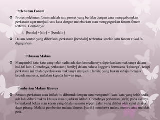 Peleburan Fonem
 Proses peleburan fonem adalah satu proses yang berlaku dengan cara menggabungkan
  perkataan agar menjadi satu kata dengan meleburkan atau menggugurkan fonem-fonem
  tertentu. Contohnya:
        i. [benda] +[alir] = [bendalir]
 Dalam contoh yang diberikan, perkataan [bendalir] terbentuk setelah satu fonem vokal /a/
  digugurkan.


          Peluasan Makna
 Mengambil kata-kata yang telah sedia ada dan kemudiannya diperluaskan maknanya dalam
  hal-hal lain. Contohnya, perkataan [family] dalam bahasa Inggeris bermakna ‘keluarga’, tetapi
  perkataan ini telah diperluaskan maknanya menjadi [famili] yang bukan sahaja merujuk
  kepada manusia, malahan kepada haiwan juga.


     Pemberian Makna Khusus
 Sesuatu perkataan atau istilah itu dibentuk dengan cara mengambil kata-kata yang telah sedia
  ada lalu diberi makna khusus atau dijadikan istilah. Contohnya perkataan [sirih] pada asalnya
  bermaksud bekas atau kesan yang dilalui sesuatu seperti jalan yang dilalui oleh siput di atas
  daun pisang. Melalui pemberian makna khusus, [surih] membawa maksu meniru atau melukis
  peta.
 