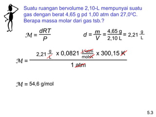 Suatu ruangan bervolume 2,10-L mempunyai suatu
  gas dengan berat 4,65 g pd 1,00 atm dan 27,00C.
  Berapa massa molar dari gas tsb.?

      dRT                      m = 4,65 g = 2,21   g
   M=                       d=
       P                       V 2,10 L            L


            g               L•atm
       2,21      x 0,0821   mol•K
                                    x 300,15 K
            L
M=
                     1 atm


M = 54,6 g/mol



                                                       5.3
 
