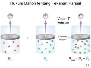 Hukum Dalton tentang Tekanan Parsial


                        V dan T
                         konstan




P1                P2           Ptotal = P1 + P2
                                            5.6
 