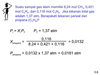 Suatu sampel gas alam memiliki 8,24 mol CH4, 0,421
   mol C2H6, dan 0,116 mol C3H8. Jika tekanan total gas
   adalah 1,37 atm, Berapakah tekanan parsial dari
   propana (C3H8)?


Pi = Xi PT     PT = 1,37 atm

                     0,116
Xpropana =                           = 0,0132
             8,24 + 0,421 + 0,116

Ppropana = 0,0132 x 1,37 atm = 0,0181 atm



                                                      5.6
 