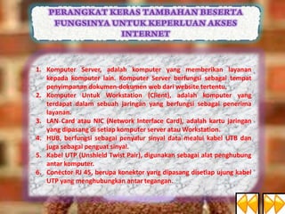 1. Komputer Server, adalah komputer yang memberikan layanan
kepada komputer lain. Komputer Server berfungsi sebagai tempat
penyimpanan dokumen-dokumen web dari website tertentu.
2. Komputer Untuk Workstation (Client), adalah komputer yang
terdapat dalam sebuah jaringan yang berfungsi sebagai penerima
layanan.
3. LAN Card atau NIC (Network Interface Card), adalah kartu jaringan
yang dipasang di setiap komputer server atau Workstation.
4. HUB, berfungsi sebagai penyalur sinyal data mealui kabel UTB dan
juga sebagai penguat sinyal.
5. Kabel UTP (Unshield Twist Pair), digunakan sebagai alat penghubung
antar komputer.
6. Conector RJ 45, berupa konektor yang dipasang disetiap ujung kabel
UTP yang menghubungkan antar tegangan.

 