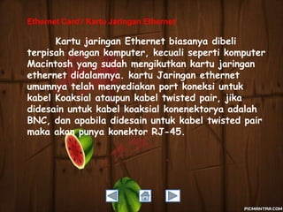 Ethernet Card / Kartu Jaringan Ethernet

Kartu jaringan Ethernet biasanya dibeli
terpisah dengan komputer, kecuali seperti komputer
Macintosh yang sudah mengikutkan kartu jaringan
ethernet didalamnya. kartu Jaringan ethernet
umumnya telah menyediakan port koneksi untuk
kabel Koaksial ataupun kabel twisted pair, jika
didesain untuk kabel koaksial konenektorya adalah
BNC, dan apabila didesain untuk kabel twisted pair
maka akan punya konektor RJ-45.

 
