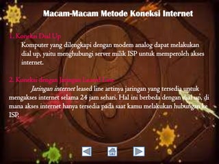 Macam-Macam Metode Koneksi Internet
1. Koneksi Dial Up
Komputer yang dilengkapi dengan modem analog dapat melakukan
dial up, yaitu menghubungi server milik ISP untuk memperoleh akses
internet.
2. Koneksi dengan Jaringan Leased Line
Jaringan internet leased line artinya jaringan yang tersedia untuk
mengakses internet selama 24 jam sehari. Hal ini berbeda dengan dial up, di
mana akses internet hanya tersedia pada saat kamu melakukan hubungan ke
ISP.

 