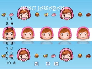 KUNCI JAWABAN
1.D
2. A
3. B
4. C
5. A
6. B
7. C
8. C
9. A
10. a

 