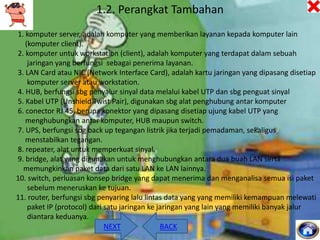 1.2. Perangkat Tambahan
1. komputer server, adalah komputer yang memberikan layanan kepada komputer lain
(komputer client).
2. komputer untuk workstation (client), adalah komputer yang terdapat dalam sebuah
jaringan yang berfungsi sebagai penerima layanan.
3. LAN Card atau NIC (Network Interface Card), adalah kartu jaringan yang dipasang disetiap
komputer server atau workstation.
4. HUB, berfungsi sbg penyalur sinyal data melalui kabel UTP dan sbg penguat sinyal
5. Kabel UTP (Unshield Twist Pair), digunakan sbg alat penghubung antar komputer
6. conector RJ 45, berupa konektor yang dipasang disetiap ujung kabel UTP yang
menghubungkan antar komputer, HUB maupun switch.
7. UPS, berfungsi sbg back up tegangan listrik jika terjadi pemadaman, sekaligus
menstabilkan tegangan.
8. repeater, alat untuk memperkuat sinyal.
9. bridge, alat yang digunakan untuk menghubungkan antara dua buah LAN serta
memungkinkan paket data dari satu LAN ke LAN lainnya.
10. switch, perluasan konsep bridge yang dapat menerima dan menganalisa semua isi paket
sebelum meneruskan ke tujuan.
11. router, berfungsi sbg penyaring lalu lintas data yang yang memiliki kemampuan melewati
paket IP (protocol) dari satu jaringan ke jaringan yang lain yang memiliki banyak jalur
diantara keduanya.
NEXT
BACK

 