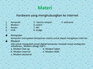 Materi
Hardware yang menghubungkan ke internet
1.
2.
3.
4.

Komputer
Modem
Router
HUB

ó

Komputer

ó

5 . Saluran telepon
6. switch
7. NIC
8. bridge

9. webcame

komputer merupakan komponen utama untuk dapat mengakses internet .

Modem
alat untuk mengubah sinyal digital komputer menjadi sinyal analog dan
sebaliknya . Modem dibagi mjd 5 :
a. Modem Dial-up
d. Modem kabel
b. Modem internal
e. Modem ADSL
c. Modem eksternal

 