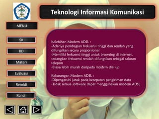 Teknologi Informasi Komunikasi
MENU

SK
KD

Materi
Evaluasi
Remidi
Kunci

Kelebihan Modem ADSL :
-Adanya pembagian frekuensi tinggi dan rendah yang
difungsikan secara proporsional
-Memiliki frekuensi tinggi untuk browsing di internet,
sedangkan frekuensi rendah difungsikan sebagai saluran
telepon
-Biaya lebih murah daripada modem dial up
Kekurangan Modem ADSL :
-Dipengaruhi jarak pada kecepatan pengiriman data
-Tidak semua software dapat menggunakan modem ADSL

 
