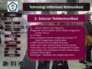 Teknologi Informasi Komunikasi
MENU

3. Saluran Telekomunikasi
SK
KD

Materi
Evaluasi
Remidi
Kunci

a)
Saluran Telepon (Line Telepone)
Penggunaan saluran telepon diikuti dengan penggunaan
modem dial up
b) TV Kabel
Untuk mengakses internet menggunakan jaringan TV
Kabel menggunakan modem kabel
c) ISDN (Internet Service Digital Network)
adalah suatu sistem telekomunikasi di mana layanan
antara data, suara, dan gambar diintegrasikan ke dalam
suatu jaringan serta merupakan transmisi sistem telepon
analog ke sistem digital
Keuntungan : fleksibilitas dan penghematan biaya

 