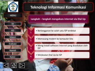 Teknologi Informasi Komunikasi
MENU

Langkah – langkah mengakses internet via Dial Up
SK
KD

1.

Materi
2.
Evaluasi
Remidi
Kunci

3.
4.

• Berlangganan ke salah satu ISP terdekat
• Memasang modem ke komputer kita
• Meng-install software Internet yang disediakan oleh
ISP
• Melakukan Dial Up ke ISP

 