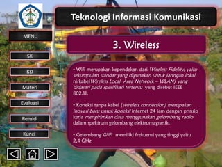 Teknologi Informasi Komunikasi
MENU

3. Wireless

SK
KD

Materi
Evaluasi
Remidi
Kunci

• Wifi merupakan kependekan dari Wireless Fidelity, yaitu

sekumpulan standar yang digunakan untuk jaringan lokal
nirkabelWireless Local Area Network – WLAN) yang
didasari pada spesifikasi tertentu yang disebut IEEE
802.11.

• Koneksi tanpa kabel (wireless connection) merupakan
inovasi baru untuk koneksi internet 24 jam dengan prinsip
kerja mengirimkan data menggunakan gelombang radio
dalam spektrum gelombang elektromagnetik.
• Gelombang WiFi memiliki frekuensi yang tinggi yaitu
2,4 GHz

 