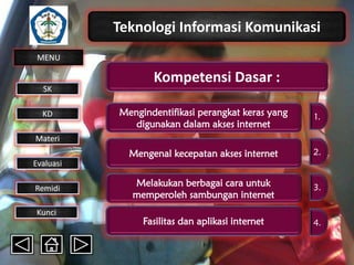 Teknologi Informasi Komunikasi
MENU

SK

Kompetensi Dasar :
Mengindentifikasi perangkat keras yang
digunakan dalam akses internet

1.

Mengenal kecepatan akses internet

KD

2.

Melakukan berbagai cara untuk
memperoleh sambungan internet

3.

Fasilitas dan aplikasi internet

4.

Materi
Evaluasi
Remidi
Kunci

 