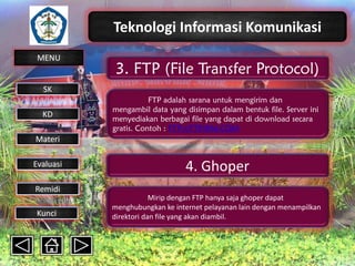 Teknologi Informasi Komunikasi
MENU

3. FTP (File Transfer Protocol)

SK
KD

FTP adalah sarana untuk mengirim dan
mengambil data yang disimpan dalam bentuk file. Server ini
menyediakan berbagai file yang dapat di download secara
gratis. Contoh : FTP://FTP
.IBM.COM

Materi
Evaluasi

4. Ghoper

Remidi
Kunci

Mirip dengan FTP hanya saja ghoper dapat
menghubungkan ke internet pelayanan lain dengan menampilkan
direktori dan file yang akan diambil.

 