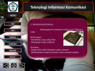 Teknologi Informasi Komunikasi
MENU

SK
KD

Materi
Evaluasi
Remidi
Kunci

2. MODEM EKSTERNAL
dihubungkan ke komputer melalui port COM atau
USB

Keuntungan :
-Portabilitas yang cukup baik
-Dilengkapi lampu indikator
Kerugian :
-Harga lebih mahal daripada modem internal
-Membutuhkan tempat tersendiri untuk menaruh modem

 