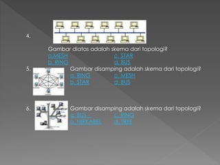 4. 
Gambar diatas adalah skema dari topologi? 
a.MESH c. STAR 
b. RING d. BUS 
5. Gambar disamping adalah skema dari topologi? 
a. RING c. MESH 
b. STAR d. BUS 
6. Gambar disamping adalah skema dari topologi? 
a. BUS c. RING 
b. NIRKABEL d. TREE 
 
