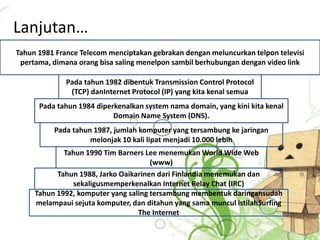 Lanjutan… 
Tahun 1981 France Telecom menciptakan gebrakan dengan meluncurkan telpon televisi 
pertama, dimana orang bisa saling menelpon sambil berhubungan dengan video link 
Pada tahun 1982 dibentuk Transmission Control Protocol 
(TCP) danInternet Protocol (IP) yang kita kenal semua 
Pada tahun 1984 diperkenalkan system nama domain, yang kini kita kenal 
Domain Name System (DNS). 
Pada tahun 1987, jumlah komputer yang tersambung ke jaringan 
melonjak 10 kali lipat menjadi 10.000 lebih 
Tahun 1990 Tim Barners Lee menemukanWorld Wide Web 
(www) 
Tahun 1988, Jarko Oaikarinen dari Finlandia menemukan dan 
sekaligusmemperkenalkan Internet Relay Chat (IRC) 
Tahun 1992, komputer yang saling tersambung membentuk daringansudah 
melampaui sejuta komputer, dan ditahun yang sama muncul istilahSurfing 
The Internet 
 