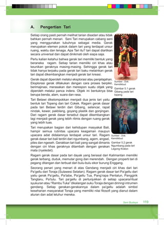 A. Pengertian Tari 
Setiap orang pasti pernah melihat tarian disadari atau tidak 
bahkan pernah menari. Seni Tari merupakan cabang seni 
yang menggunakan tubuhnya sebagai media. Gerak 
merupakan elemen pokok dalam tari yang terdapat unsur 
ruang, waktu dan tenaga. Apa Tari itu? tari dapat diartikan 
secara universal dan dapat dinikmati oleh siapa saja. 
Perlu kalian ketahui bahwa gerak tari memiliki bentuk yang 
beraneka ragam. Setiap tarian memiliki ciri khas atau 
keunikan geraknya masing-masing. Sehingga gerak tari 
tidak hanya terpaku pada gerak tari baku melainkan gerak 
tari dapat dikembangkan menjadi gerak tari kreasi. 
Gerak dapat diperoleh melalui eksplorasi atau penjelajahan. 
Eksplorasi gerak dillakukan dengan cara proses berpikir, 
Sumber : Dok. 
Kemdikbud 
berimajinasi, merasakan dan merespon suatu objek yang 
Gambar 5.1 gerak 
diperoleh melalui panca indera. Objek ini bentuknya bisa 
Gibang pada tari 
berupa benda, alam, suara dan rasa. 
topeng 
Tari Betawi dikelompokkan menjadi dua jenis tari yaitu 
bentuk tari Topeng dan tari Cokek. Ragam gerak dasar 
pada tari Betawi terdiri dari Gibang, selancar, rapat 
nindak, kewer, pakblang, goyang plastik dan gonjingan. 
Dari ragam gerak dasar tersebut dapat dikembangkan 
lagi menjadi gerak yang lebih ritmis dengan ruang gerak 
yang lebih luas. 
Tari merupakan bagian dari kehidupan masyakat Bali, 
hampir semua rutinitas upacara keagaman maupun 
upacara adat didalamnya terdapat unsur tari. Ragam 
Sumber : Dok. 
gerak dasar tari bali terdiri dari ngumbang, agem, angsel, 
Kemdikbud 
piles dan ngeseh. Gerakkan tari bali yang sangat dimanis 
Gambar 5.2 gerak 
dengan ciri khas geraknya ditambah dengan gerakan 
Ngumbang pada tari 
mata (nyeledet). 
Legong Kraton 
Ragam gerak dasar pada tari dayak yang berasal dari Kalimantan memiliki 
gerak terbang, duduk, memutar gong dan merendah. Dengan properti tari di 
pegang ditangan dan terbuat dari bulu-bulu ekor burung Enggang. 
Seorang penari yang menari di atas Gendang menjadi ciri khas dari tari 
Pa’gellu dari Toraja (Sulawesi Selatan). Ragam gerak dasar tari Pa’gellu dari 
yaitu gerak Pa’gellu, Pa’tabe, Pa’gellu Tua, Pang’rapa Pentalun, Panggirik 
Tangtaru, Pa’tutu. Tari pa’gellu di pertunjukkan di setiap upacara/ritual 
syukuran atau “Rambu Tuka” dikalangan suku Toraja dengan dirinngi intrumen 
gendang. Setiap gerakan-gerakannya dalam pa’gellu adalah simbol 
keseharian masyarakat Toraja yang memiliki nilai filosofi yang dianut dalam 
aturan dan adat leluhur mereka. 
Seni Budaya 119 
 
