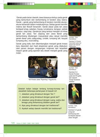 Gerak pada tarian daerah Jawa biasanya tertuju pada gerak 
yang bertumbuh dan berkembang di keraton atau istana. 
Gerak – gerak yang berkembang di keraton memiliki aturan-aturan 
tersendiri dalam melakukannya. Setiap gerak memiliki 
makna dan filosofi tersendiri. Gerak dasar pada tari Jawa 
terdapat srisig, sabetan, hoyog, lumaksana, kengser, seblak 
sampur, ulap-ulap. Geraknya yang lembut menjadi ciri khas 
gerak tari Jawa. Tari Jaipong dari Jawa Barat yang 
berkembang dikalangan masyarakat atau rakyat memiliki 
gerak dasar yaitu adeg-adeg, cindek, tumpang tali, keupat 
tumpang siku, incid diding. 
Gerak yang baku dan dikembangkan menjadi gerak kreasi 
baru diperoleh dari hasil eksplorasi gerak yang dilakukan 
oleh penari dengan rangsangan imajinasi dan terjadilah 
respon gerak yang spontan lalu diolah menjadi gerak yang 
indah. 
120 Kelas X SMA / SMK / MA / MAK 
Sumber : Dok. 
Kemdikbud 
Gambar 5.4 
Gerak Pa’tabe 
pada tari Pa’gellu 
dari daerah 
Toraja Sulawesi 
Selatan 
Sumber : Dok. 
Kemdikbud 
Gambar 5.5 gerak 
srisig tari 
Gambyong dari 
Surakarta daerah 
Jawa Tengah 
Tari Kreasi Jawa “Nyanting” Yogyakarta 
Setelah kalian belajar tentang konsep-konsep tari. 
Jawablah beberapa pertanyaan di bawah ini! 
1. Jelaskan yang dimaksud dengan Tari ? 
2. Jelaskan yang dimaksud dengan gerak tari? 
3. Jelaskan yang dimaksud dengan ruang, waktu dan 
tenaga yang terkandung didalam gerak tari? 
4. Apa yang dimaksud dengan tari tradisional? 
5. Apakah setiap daerah memiliki tari tradisional? 
Sumber : Dok. 
Kemdikbud 
Gambar 5.3 Gerak 
merendah pada tari 
dayak dari daerah 
Kalimantan 
 