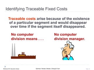 McGraw-Hill Education (Asia) Garrison, Noreen, Brewer, Cheng & Yuen Slide 16
Identifying Traceable Fixed Costs
Traceable costs arise because of the existence
of a particular segment and would disappear
over time if the segment itself disappeared.
No computer
division means . . .
No computer
division manager.
 