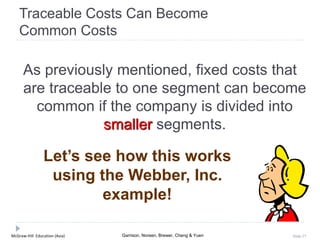 McGraw-Hill Education (Asia) Garrison, Noreen, Brewer, Cheng & Yuen Slide 27
Traceable Costs Can Become
Common Costs
As previously mentioned, fixed costs that
are traceable to one segment can become
common if the company is divided into
smaller segments.
Let’s see how this works
using the Webber, Inc.
example!
 