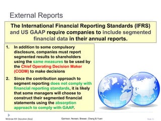 McGraw-Hill Education (Asia) Garrison, Noreen, Brewer, Cheng & Yuen Slide 31
External Reports
The International Financial Reporting Standards (IFRS)
and US GAAP require companies to include segmented
financial data in their annual reports.
1. In addition to some compulsory
disclosure, companies must report
segmented results to shareholders
using the same measures to be used by
the Chief Operating Decision Maker
(CODM) to make decisions
2. Since the contribution approach to
segment reporting does not comply with
financial reporting standards, it is likely
that some managers will choose to
construct their segmented financial
statements using the absorption
approach to comply with GAAP.
 