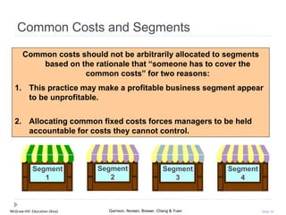 McGraw-Hill Education (Asia) Garrison, Noreen, Brewer, Cheng & Yuen Slide 34
Common Costs and Segments
Segment
1
Segment
3
Segment
4
Segment
2
Common costs should not be arbitrarily allocated to segments
based on the rationale that “someone has to cover the
common costs” for two reasons:
1. This practice may make a profitable business segment appear
to be unprofitable.
2. Allocating common fixed costs forces managers to be held
accountable for costs they cannot control.
 