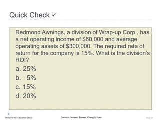 McGraw-Hill Education (Asia) Garrison, Noreen, Brewer, Cheng & Yuen Slide 60
Quick Check 
Redmond Awnings, a division of Wrap-up Corp., has
a net operating income of $60,000 and average
operating assets of $300,000. The required rate of
return for the company is 15%. What is the division’s
ROI?
a. 25%
b. 5%
c. 15%
d. 20%
 