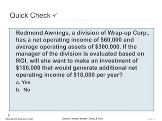 McGraw-Hill Education (Asia) Garrison, Noreen, Brewer, Cheng & Yuen Slide 62
Quick Check 
Redmond Awnings, a division of Wrap-up Corp.,
has a net operating income of $60,000 and
average operating assets of $300,000. If the
manager of the division is evaluated based on
ROI, will she want to make an investment of
$100,000 that would generate additional net
operating income of $18,000 per year?
a. Yes
b. No
 