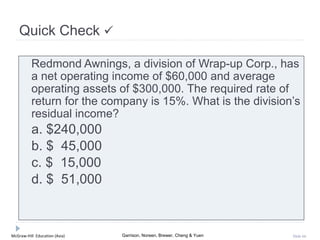 McGraw-Hill Education (Asia) Garrison, Noreen, Brewer, Cheng & Yuen Slide 66
Quick Check 
Redmond Awnings, a division of Wrap-up Corp., has
a net operating income of $60,000 and average
operating assets of $300,000. The required rate of
return for the company is 15%. What is the division’s
residual income?
a. $240,000
b. $ 45,000
c. $ 15,000
d. $ 51,000
 