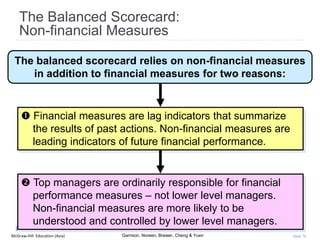 McGraw-Hill Education (Asia) Garrison, Noreen, Brewer, Cheng & Yuen Slide 76
The Balanced Scorecard:
Non-financial Measures
The balanced scorecard relies on non-financial measures
in addition to financial measures for two reasons:
 Financial measures are lag indicators that summarize
the results of past actions. Non-financial measures are
leading indicators of future financial performance.
 Top managers are ordinarily responsible for financial
performance measures – not lower level managers.
Non-financial measures are more likely to be
understood and controlled by lower level managers.
 