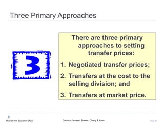 McGraw-Hill Education (Asia) Garrison, Noreen, Brewer, Cheng & Yuen Slide 90
Three Primary Approaches
There are three primary
approaches to setting
transfer prices:
1. Negotiated transfer prices;
2. Transfers at the cost to the
selling division; and
3. Transfers at market price.
 