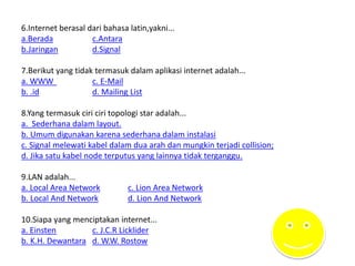 6.Internet berasal dari bahasa latin,yakni...
a.Berada c.Antara
b.Jaringan d.Signal
7.Berikut yang tidak termasuk dalam aplikasi internet adalah...
a. WWW c. E-Mail
b. .id d. Mailing List
8.Yang termasuk ciri ciri topologi star adalah...
a. Sederhana dalam layout.
b. Umum digunakan karena sederhana dalam instalasi
c. Signal melewati kabel dalam dua arah dan mungkin terjadi collision;
d. Jika satu kabel node terputus yang lainnya tidak terganggu.
9.LAN adalah...
a. Local Area Network c. Lion Area Network
b. Local And Network d. Lion And Network
10.Siapa yang menciptakan internet...
a. Einsten c. J.C.R Licklider
b. K.H. Dewantara d. W.W. Rostow
 