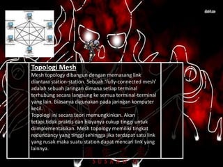 Topologi Mesh
Mesh topology dibangun dengan memasang link
diantara station-station. Sebuah ‘fully-connected mesh’
adalah sebuah jaringan dimana setiap terminal
terhubung secara langsung ke semua terminal-terminal
yang lain. Biasanya digunakan pada jaringan komputer
kecil.
Topologi ini secara teori memungkinkan. Akan
tetapi,tidak praktis dan biayanya cukup tinggi untuk
diimplementasikan. Mesh topology memiliki tingkat
redundancy yang tinggi sehingga jika terdapat satu link
yang rusak maka suatu station dapat mencari link yang
lainnya.
 