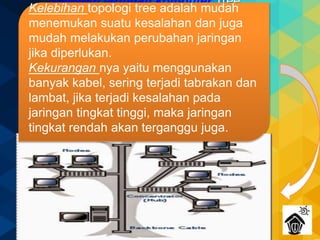 Topologi jaringan komputer Tree
merupakan gabungan dari beberapa
topologi star yang dihubungan dengan
topologi bus, jadi setiap topologi star
akan terhubung ke topologi star lainnya
menggunakan topologi bus, biasanya
dalam topologi ini terdapat beberapa
tingkatan jaringan, dan jaringan yang
berada pada tingkat yang lebih tinggi
dapat mengontrol jaringan yang berada
pada tingkat yang lebih rendah.
Kelebihan topologi tree adalah mudah
menemukan suatu kesalahan dan juga
mudah melakukan perubahan jaringan
jika diperlukan.
Kekurangan nya yaitu menggunakan
banyak kabel, sering terjadi tabrakan dan
lambat, jika terjadi kesalahan pada
jaringan tingkat tinggi, maka jaringan
tingkat rendah akan terganggu juga.
 