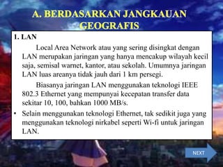 1. LAN
Local Area Network atau yang sering disingkat dengan
LAN merupakan jaringan yang hanya mencakup wilayah kecil
saja, semisal warnet, kantor, atau sekolah. Umumnya jaringan
LAN luas areanya tidak jauh dari 1 km persegi.
Biasanya jaringan LAN menggunakan teknologi IEEE
802.3 Ethernet yang mempunyai kecepatan transfer data
sekitar 10, 100, bahkan 1000 MB/s.
• Selain menggunakan teknologi Ethernet, tak sedikit juga yang
menggunakan teknologi nirkabel seperti Wi-fi untuk jaringan
LAN.
NEXT
 