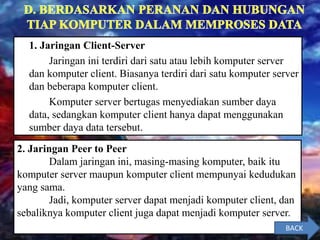 1. Jaringan Client-Server
Jaringan ini terdiri dari satu atau lebih komputer server
dan komputer client. Biasanya terdiri dari satu komputer server
dan beberapa komputer client.
Komputer server bertugas menyediakan sumber daya
data, sedangkan komputer client hanya dapat menggunakan
sumber daya data tersebut.
2. Jaringan Peer to Peer
Dalam jaringan ini, masing-masing komputer, baik itu
komputer server maupun komputer client mempunyai kedudukan
yang sama.
Jadi, komputer server dapat menjadi komputer client, dan
sebaliknya komputer client juga dapat menjadi komputer server.
BACK
 