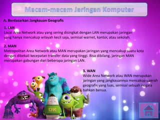 A. Berdasarkan Jangkauan Geografis
1. LAN
Local Area Network atau yang sering disingkat dengan LAN merupakan jaringan
yang hanya mencakup wilayah kecil saja, semisal warnet, kantor, atau sekolah.
2. MAN
Metropolitan Area Network atau MAN merupakan jaringan yang mencakup suatu kota
dengan dibekali kecepatan transfer data yang tinggi. Bisa dibilang, jaringan MAN
merupakan gabungan dari beberapa jaringan LAN.
3. WAN
Wide Area Network atau WAN merupakan
jaringan yang jangkauannya mencakup daerah
geografis yang luas, semisal sebuah negara
bahkan benua.
 
