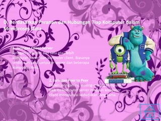 D. Berdasarkan Peranan dan Hubungan Tiap Komputer dalam
Memproses Data
1. Jaringan Client-Server
Jaringan ini terdiri dari satu atau lebih
komputer server dan komputer client. Biasanya
terdiri dari satu komputer server dan beberapa
komputer client.
2. Jaringan Peer to Peer
Dalam jaringan ini, masing-masing komputer,
baik itu komputer server maupun komputer
client mempunyai kedudukan yang sama.
 