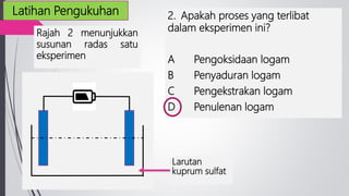 Latihan Pengukuhan
Rajah 2 menunjukkan
susunan radas satu
eksperimen
2. Apakah proses yang terlibat
dalam eksperimen ini?
A Pengoksidaan logam
B Penyaduran logam
C Pengekstrakan logam
D Penulenan logam
Larutan
kuprum sulfat
 