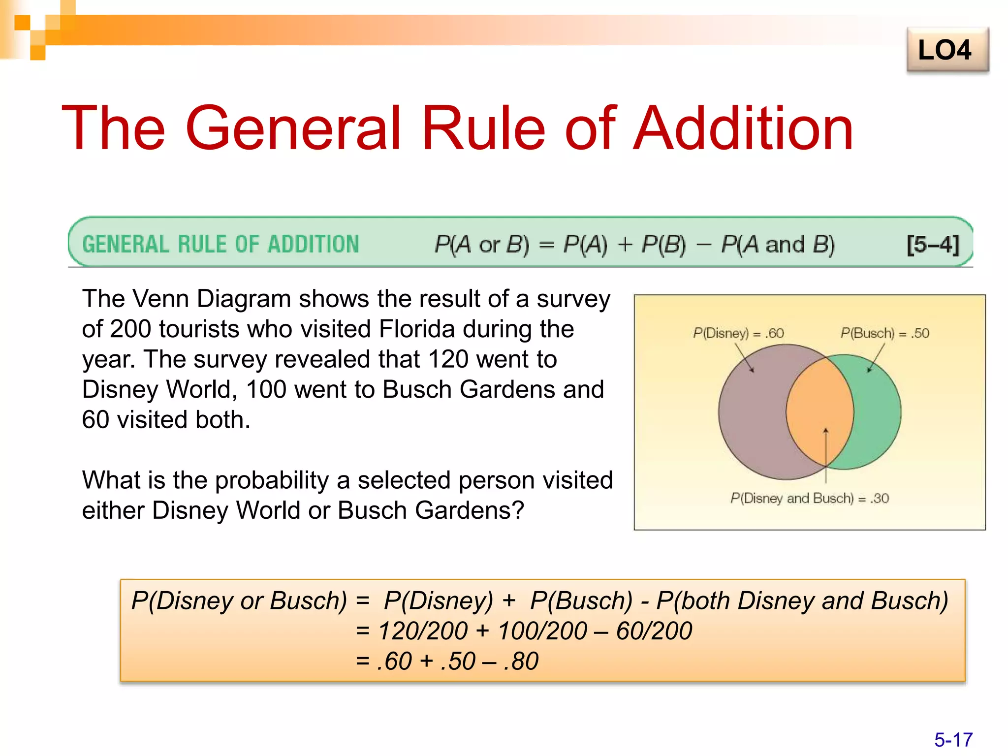 The General Rule of Addition
The Venn Diagram shows the result of a survey
of 200 tourists who visited Florida during the
year. The survey revealed that 120 went to
Disney World, 100 went to Busch Gardens and
60 visited both.
What is the probability a selected person visited
either Disney World or Busch Gardens?
P(Disney or Busch) = P(Disney) + P(Busch) - P(both Disney and Busch)
= 120/200 + 100/200 – 60/200
= .60 + .50 – .80
LO4
5-17
 