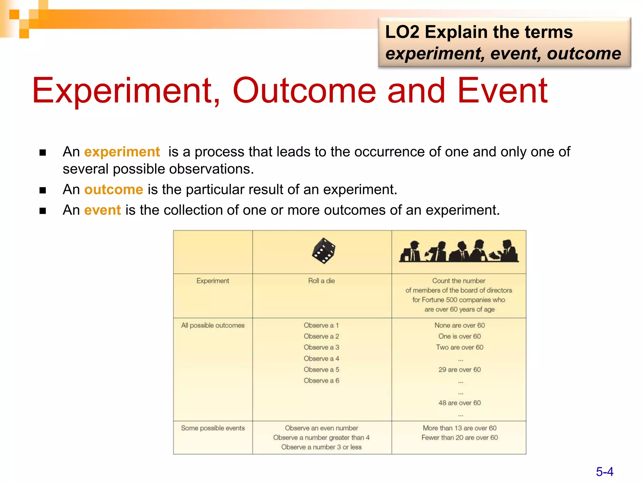 Experiment, Outcome and Event
 An experiment is a process that leads to the occurrence of one and only one of
several possible observations.
 An outcome is the particular result of an experiment.
 An event is the collection of one or more outcomes of an experiment.
LO2 Explain the terms
experiment, event, outcome
5-4
 