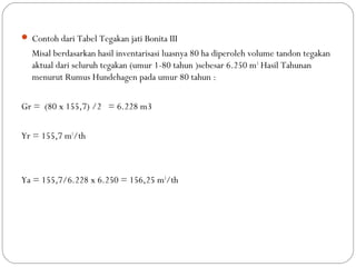  Contoh dari Tabel Tegakan jati Bonita III
Misal berdasarkan hasil inventarisasi luasnya 80 ha diperoleh volume tandon tegakan
aktual dari seluruh tegakan (umur 1-80 tahun )sebesar 6.250 m3
Hasil Tahunan
menurut Rumus Hundehagen pada umur 80 tahun :
Gr = (80 x 155,7) /2 = 6.228 m3
Yr = 155,7 m3
/th
Ya = 155,7/6.228 x 6.250 = 156,25 m3
/th
 