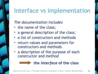 11
Interface vs implementation
The documentation includes
• the name of the class;
• a general description of the class;
• a list of constructors and methods
• return values and parameters for
constructors and methods
• a description of the purpose of each
constructor and method
the interface of the class
Objects First with Java - A Practical Introduction using BlueJ, © David J. Barnes, Michael Kölling
 