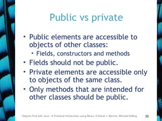 35
Public vs private
• Public elements are accessible to
objects of other classes:
• Fields, constructors and methods
• Fields should not be public.
• Private elements are accessible only
to objects of the same class.
• Only methods that are intended for
other classes should be public.
Objects First with Java - A Practical Introduction using BlueJ, © David J. Barnes, Michael Kölling
 