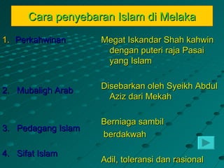Cara penyebaran Islam di Melaka
1. Perkahwinan      Megat Iskandar Shah kahwin
                     dengan puteri raja Pasai
                     yang Islam

                    Disebarkan oleh Syeikh Abdul
2. Mubaligh Arab
                      Aziz dari Mekah

                    Berniaga sambil
3. Pedagang Islam
                    berdakwah

4. Sifat Islam
                    Adil, toleransi dan rasional
 